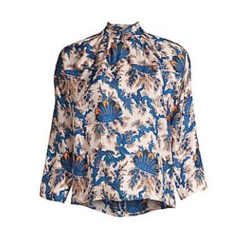 Sandro Paris­ Lil­iane Silk Blouse Paisley Dragon Mock Neck Parisian Sz1Sml Hole